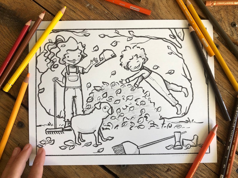 May include: A black and white coloring page featuring two children raking leaves and a dog. The children are wearing overalls and are smiling. The dog is standing next to a rake and is looking at the children.