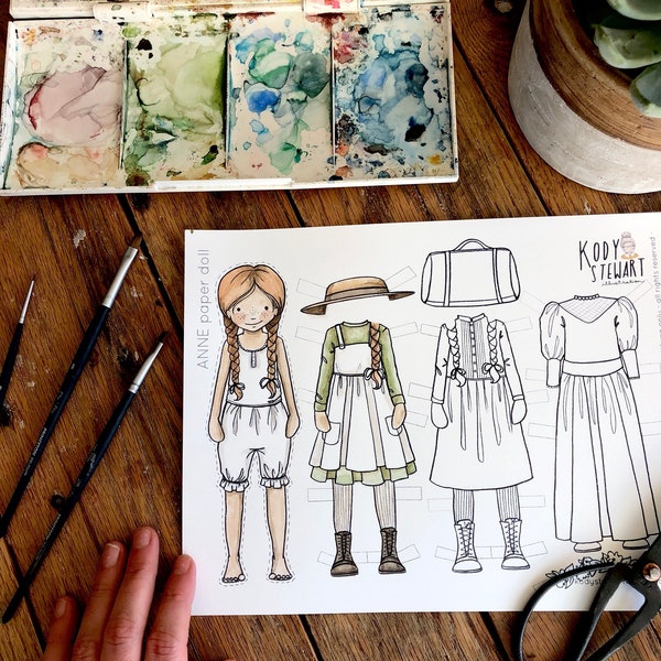 Paper Doll Printable | ANNE of GREEN GABLES | Craft Kit | Birthday Party | Adult Colouring Sheet | Modern Paper Doll