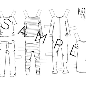 May include: A printable paper doll set of pajamas with four different outfits. The outfits include a long-sleeved shirt and pants, a short-sleeved shirt and pants, a long-sleeved onesie, and a short-sleeved nightshirt. The paper doll set is designed for coloring.