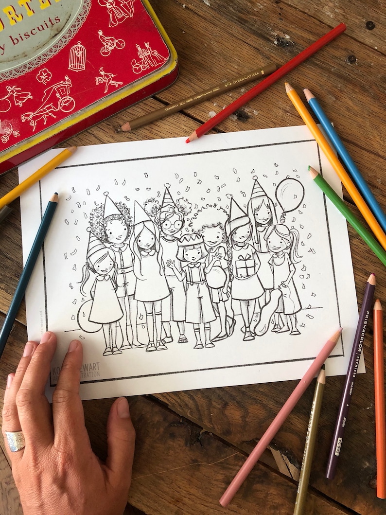 May include: A black and white line drawing of a group of children celebrating a birthday party. The children are wearing party hats and holding balloons, presents, and musical instruments. Confetti is falling from the sky.