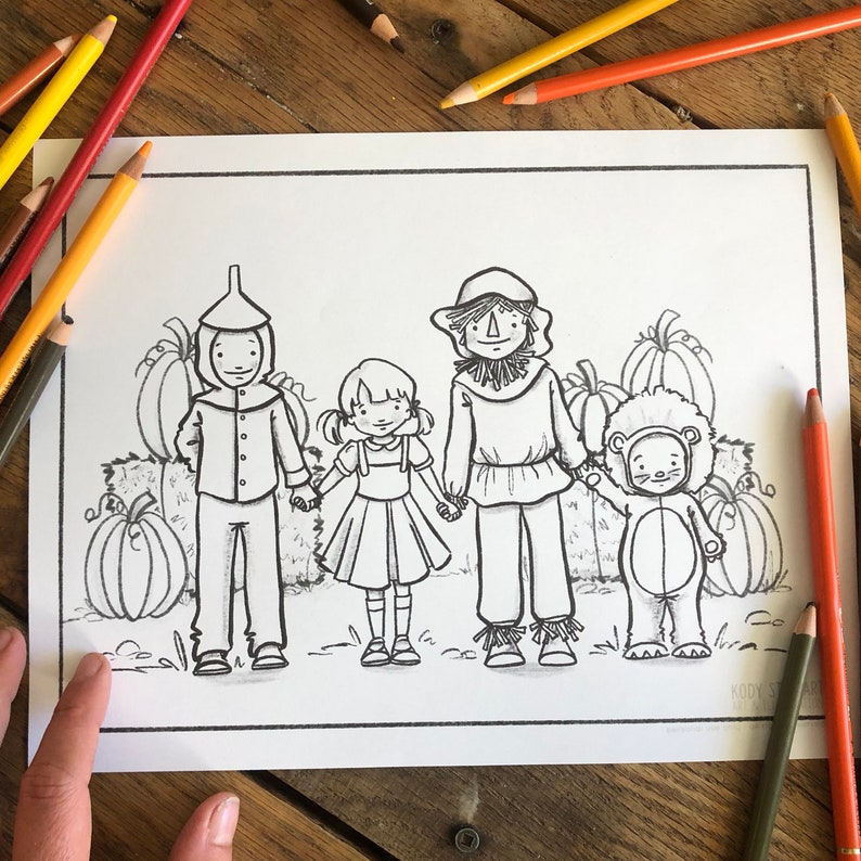 May include: Black and white coloring page featuring Dorothy, the Scarecrow, the Tin Man, and the Cowardly Lion from the Wizard of Oz. The characters are standing in a field of pumpkins.