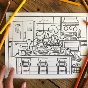 May include: A black and white coloring page depicting a kitchen scene with two people baking. The scene includes a kitchen counter with flour and sugar, a rolling pin, pie crusts, and a pumpkin. There are three chairs at the counter and a cat sitting on the floor.