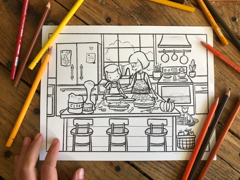 May include: A black and white coloring page depicting a kitchen scene with two people baking. The scene includes a kitchen counter with flour and sugar, a rolling pin, pie crusts, and a pumpkin. There are three chairs at the counter and a cat sitting on the floor.