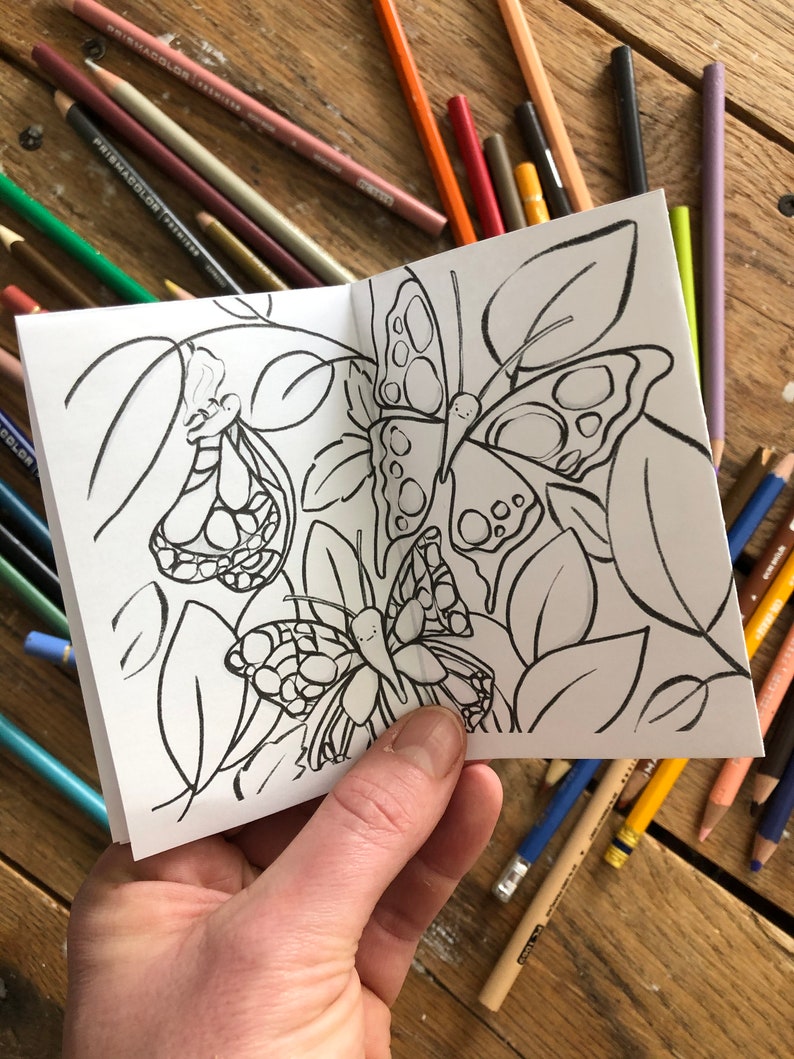 May include: A black and white coloring book with a butterfly design. The butterfly has large wings with intricate patterns. The book is open to a page with a butterfly on a leaf.