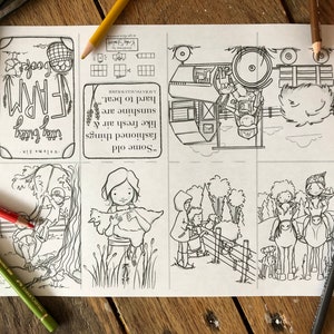 May include: A black and white coloring page with a farm theme. The page features a tractor, a barn, a girl holding a chicken, a girl on a horse, and a girl swinging on a swing. The text on the page reads "Some old fashioned things like fresh air & sunshine are hard to beat."