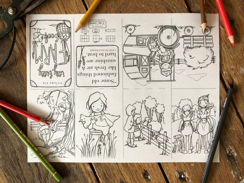May include: A black and white coloring page with a farm theme. The page features a tractor, a barn, a girl holding a chicken, a girl on a horse, and a girl swinging on a swing. The text on the page reads "Some old fashioned things like fresh air & sunshine are hard to beat."