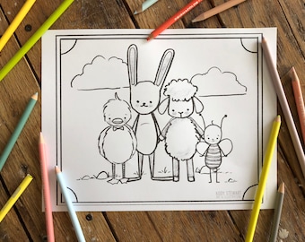 May include: A black and white coloring page featuring a bunny, a sheep, a duck, and a bee. The animals are standing together in a field with a cloud in the background. The page is titled "Kody Stewart Art & Illustration".