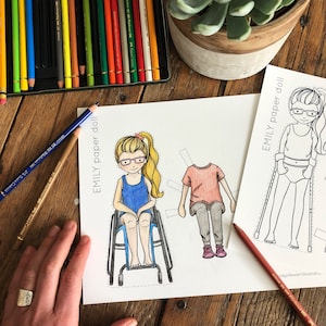 Paper Doll Printable | EMILY GIRL wheelchair | Craft Kit | Birthday Party | Adult Colouring Sheet | Modern Paper Doll | Printable