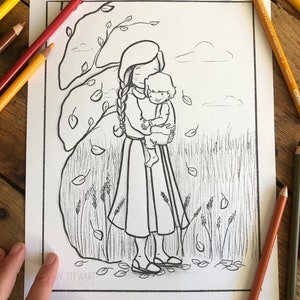 May include: A black and white line drawing of a woman holding a child. The woman has long hair and is wearing a long dress. The child is wearing a short-sleeved shirt and pants. They are standing in a field with tall grass and falling leaves. The text "Joy Stewart Illustration" is at the bottom of the image.