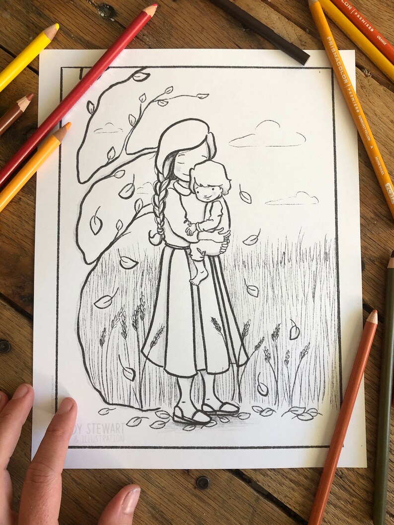 May include: A black and white line drawing of a woman holding a child. The woman has long hair and is wearing a long dress. The child is wearing a short-sleeved shirt and pants. They are standing in a field with tall grass and falling leaves. The text "Joy Stewart Illustration" is at the bottom of the image.