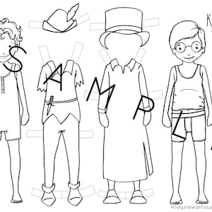 Könnte beinhalten: Schwarz-weißes, druckbares Papierpuppen-Set mit Peter Pan, Captain Hook und einem Jungen in einem Tanktop und Shorts. Das Set enthält mehrere Outfits und Accessoires für jeden Charakter.