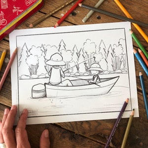 May include: A black and white coloring page of two people in a boat fishing. The boat is in a lake surrounded by trees. The text "K. STEWART" is at the bottom of the page.