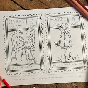 Heart Mail Girlies POSTCARD 2er Set (1 Seite) | Digitaler Download Printable | Malvorlagen | Kinderhandwerk