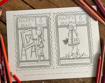 Heart Mail Girlies POSTCARD Set of 2 (1 page) | Digital Download Printable | Colouring sheets | Kids crafts