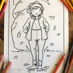 May include: Black and white line drawing of a person wearing a jacket, pants, and boots. The person is standing in a forest with leaves falling around them. The drawing is on a white background. "RODY STEWART ART & ILLUSTRATION" is printed in the bottom left corner.