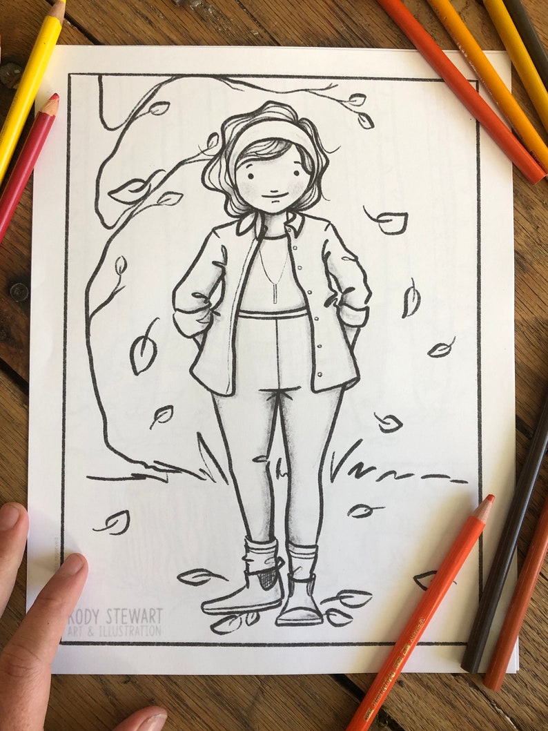 May include: Black and white line drawing of a person wearing a jacket, pants, and boots. The person is standing in a forest with leaves falling around them. The drawing is on a white background. "RODY STEWART ART & ILLUSTRATION" is printed in the bottom left corner.