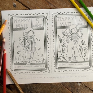 Happy Mail 3 Postcard Fall & Dancing Illustration | Kids crafts | Instant printable | Party craft | Kid lit | Kid lit art