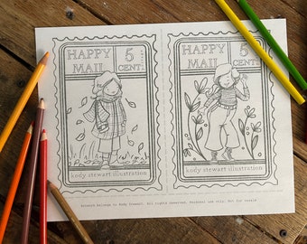 Happy Mail 3 Postcard Fall & Dancing Illustration | Kids crafts | Instant printable | Party craft | Kid lit | Kid lit art