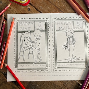 Heart Mail Boys CARTÃO POSTAL Conjunto de 2 (1 páginas) | Download digital para impressão | Folhas para colorir | Artesanato infantil