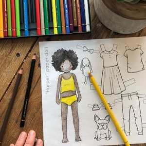 Paper Doll Printable | HARPER GIRL | Craft Kit | Birthday Party | Adult Colouring Sheet | Modern Paper Doll | Printable | Quarantine Craft