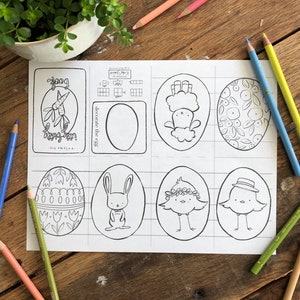 May include: A black and white printable coloring page with eight Easter egg designs. The designs include a bunny, a chick, a flower, and a carrot. The page also includes a section for decorating an egg.