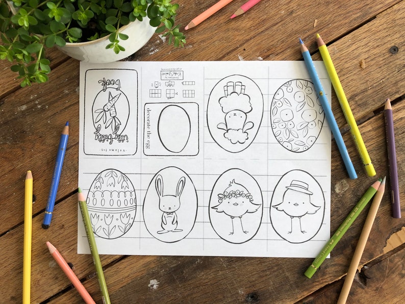 May include: A black and white printable coloring page with eight Easter egg designs. The designs include a bunny, a chick, a flower, and a carrot. The page also includes a section for decorating an egg.