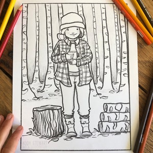 May include: A black and white line drawing of a person wearing a hat and plaid shirt holding a cup in a forest setting. The person is standing next to a tree stump and a pile of logs. The drawing is on a white background.