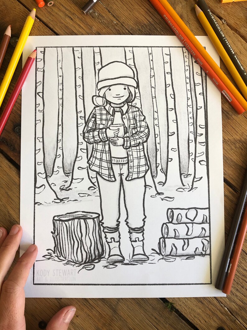 May include: A black and white line drawing of a person wearing a hat and plaid shirt holding a cup in a forest setting. The person is standing next to a tree stump and a pile of logs. The drawing is on a white background.