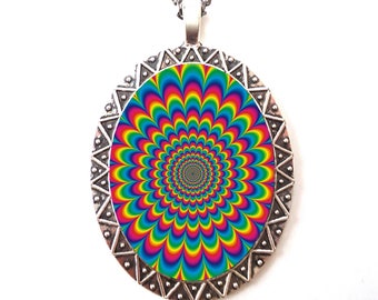 Psychedelic Pattern Necklace Pendant Trippy Colorful - Festival Fashion - EDM Rave Burning Man Electric Daisy Carnival