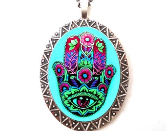 Colorful Hamsa Necklace Pendant - Third Eye - Visionary Psychedelic Trippy Art - Hippie Music Festival Spiritual Metaphysical Cosmic