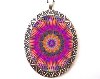 Psychedelic Pattern Necklace Pendant Trippy Colorful Sunburst - Festival Fashion - EDM Rave Burning Man Electric Daisy Carnival