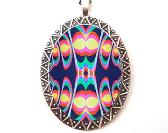 Trippy Pattern Necklace Pendant - Psychedelic Festival Accessory Stoner Art