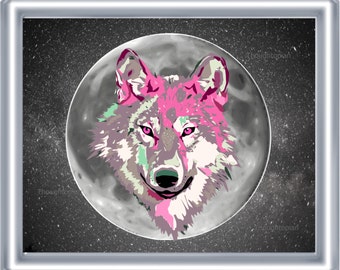 Psychedelic Wolf Moon Art Print 8 x 10 – Visionary Pop Art - Festival Art - Rave - Bright Colors  - Animal - Outer Space - Cosmic Mystical