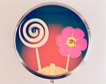 Trippy Lollipop Pill box Pillbox Case Holder - Psychedelic Candy Eye Flower Third Eye Pop Art - Holds Guitar Picks Pills Vitamins