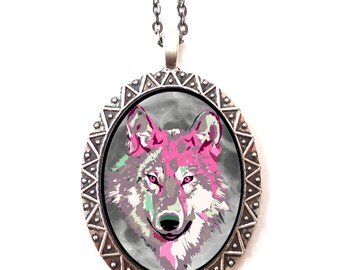 Trippy Wolf Necklace Pendant Psychedelic Visionary Pop Art - Festival Art Spiritual Power Animal Totem - Metaphysical Hippie