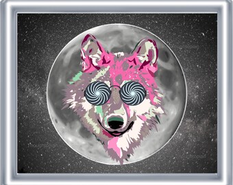 Psychedelic Wolf Moon Art Print 8 x 10 – Visionary Pop Art - Festival Art - Rave - Bright Colors  - Animal with Glasses - Outer Space