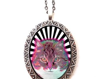 Psychedelic Cat Necklace Pendant Trippy Visionary Pop Art - Festival Art Op Art Neon - Rave EDM Kitty - Tomorrowworld