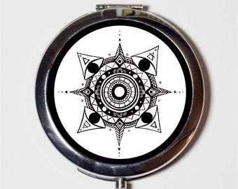 Elemental Mandala Compact Mirror - Elements Spirituality Hippie Spiritual Festival Accessory - Make Up Pocket Mirror for Cosmetics