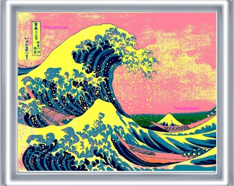 Psychedelic Great Wave Art Print 8 x 10 - Pop Art Colors - Pink Hokusai Japanese Woodblock Variation - Surreal Dreamlike Ocean