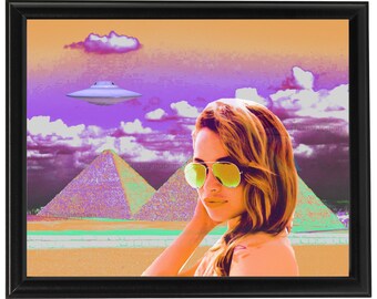 Pyramid Girl UFO Art Print 8 x 10 – Trippy Music Festival Rave Artwork EDM - Pop Art Neon Alien Surreal Egyptian Egyptian