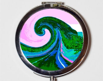 Psychedelic Road Compact Mirror - Trippy Great Wave Visionary Art Music Festival Accessory - Make Up Pocket Mirror for Cosmetics