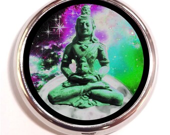 Buddha Visionary Art Pill box Pillbox Case Holder  -Surreal Outerspace - Psychedelic Meditating on Moon - Mystical Buddhism - Vitamins