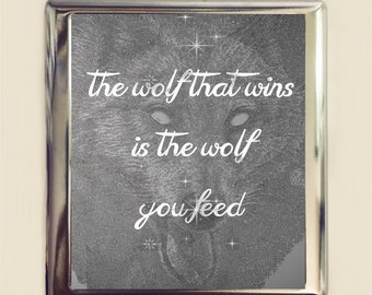 Two Wolves Cigarette Case Business Card ID Holder Wallet The Wolf That Wins is the Wolf You Feed Native American Black White Wolf Celestial