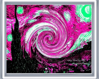 Psychedelic Starry Night Art Print 8 x 10 - Pop Art Colors - Pink and Green - Van Gogh - Visionary - Bright Colors - Festival Art