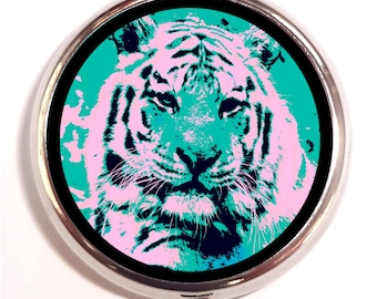 Psychedelic Tiger Pill box Pillbox Case Holder - Visionary Pop Art - Festival Art - Rave - Bright Colors - Safari - Animal - Guitar Picks