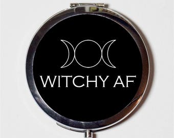 Witchy AF Compact Mirror - Witch Witchcraft Occult Magick Triple Goddess - Make Up Pocket Mirror for Cosmetics