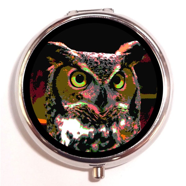 Psychedelic Owl Pill box Pillbox Case Holder -Visionary Pop Art - Festival Art - Rave - Bright Colors - Bird - Animal - Guitar Picks
