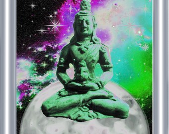 Buddha Visionary Art Print 8 x 10 - Surreal Outerspace - Psychedelic Buddha Meditating on the Moon - Celestial Mystical Buddhism