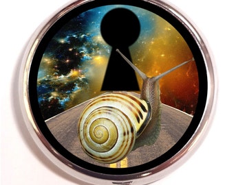 Snail in Outer Space Pill box Pillbox Case Holder - Cosmic Visionary Artwork - Surreal Snail on Road - Doorway - Surrealism - Guitar Picks