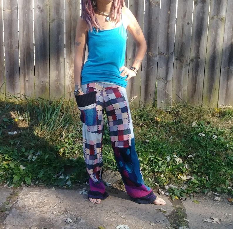 Handmade Patchwork Sweater Pants Checkered Sweater Pants Upcycled Womens Swants Upcycled Womens Patchwork Sweater Pants